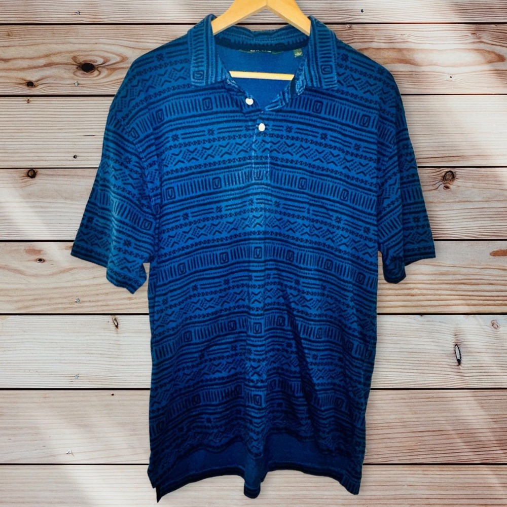 F1 Orvis men's polo shirt top large outdoors Aztec print blue soft